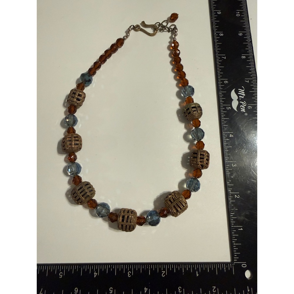 Bohemian Amber Smoky Blue Glass Bead Cage Metal Barrel Necklace S-Hook Clasp - Picture 1 of 4